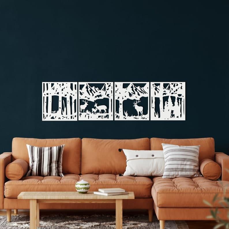 4 Panel Deer Family And Forest Metal Wall Art - MAIA HOMES