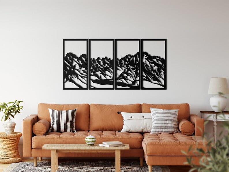 4 Panel Mountain Landscape Metal Wall Hangings Black