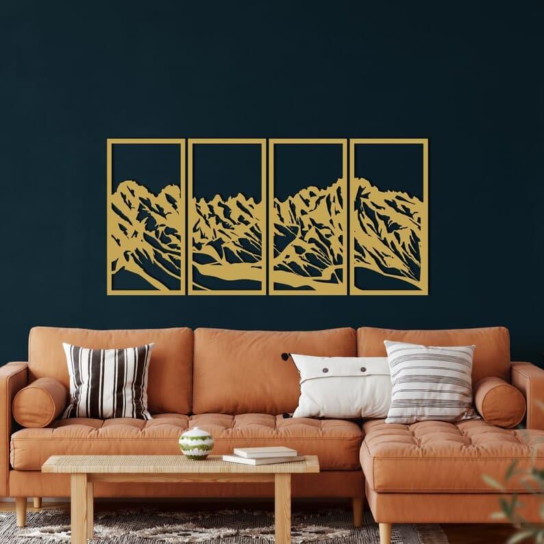 4 Panel Mountain Landscape Metal Wall Hangings Gold