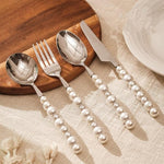 4Pcs Pearl Cutlery Stainless Steel Flatware 4 Pieces ((Knife Fork Spoon Soup Spoon)