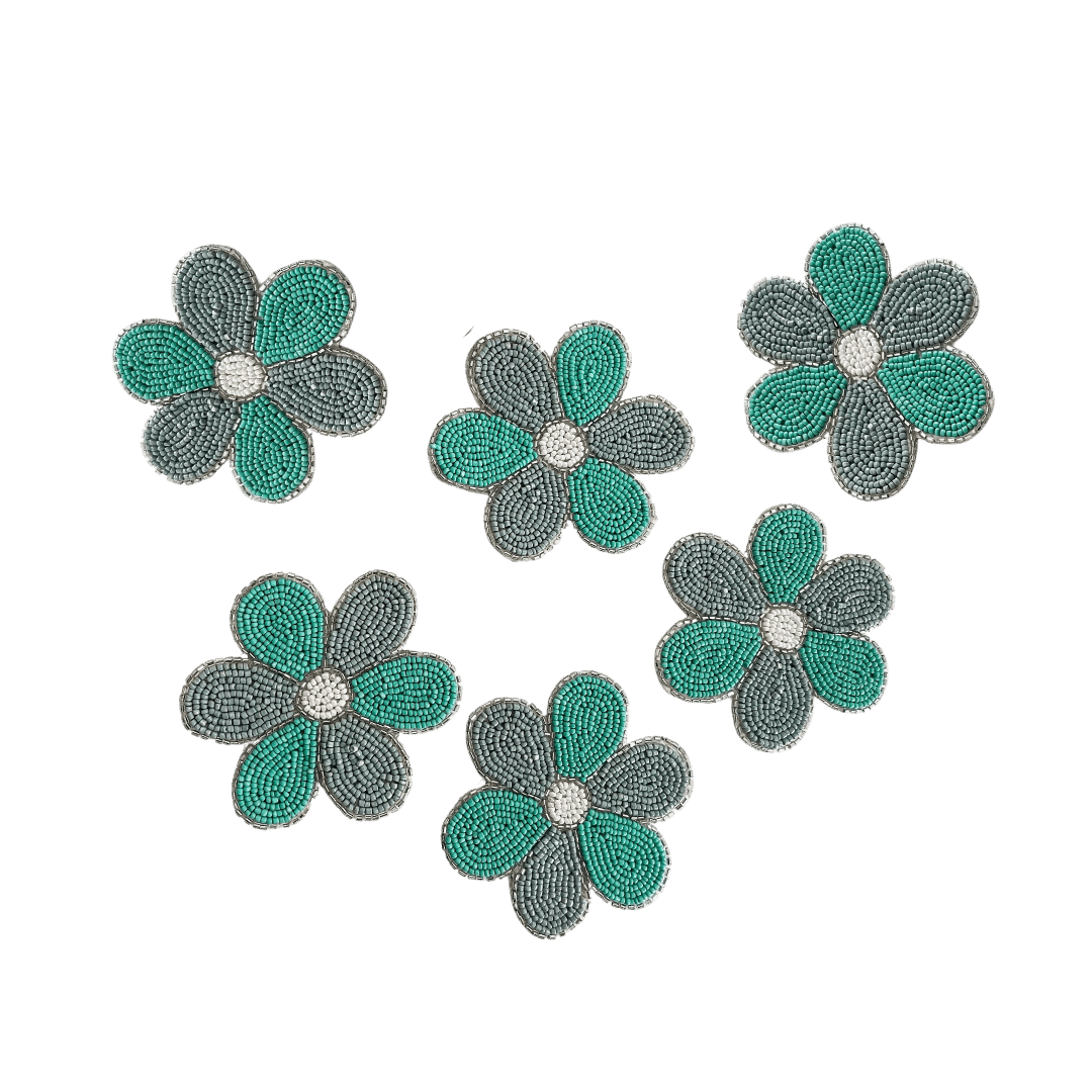 6 Petal Flower Shape Beaded Coaster Set of 6 - Turquoise