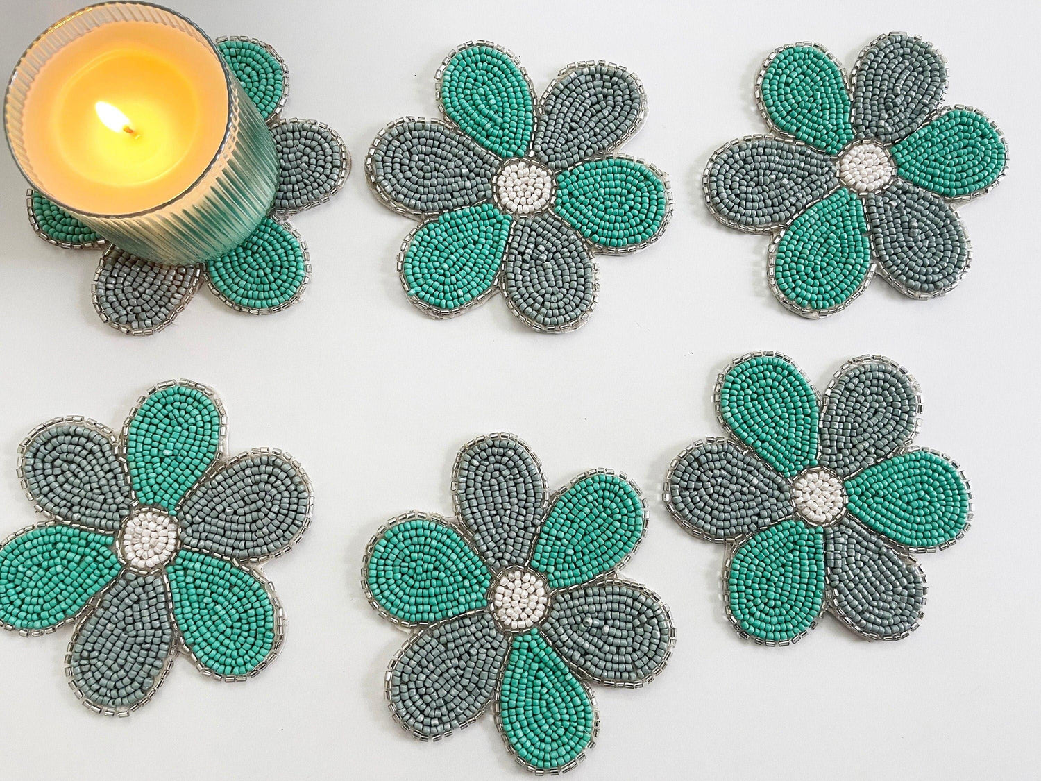 6 Petal Flower Shape Beaded Coaster Set of 6 - Turquoise Default Title