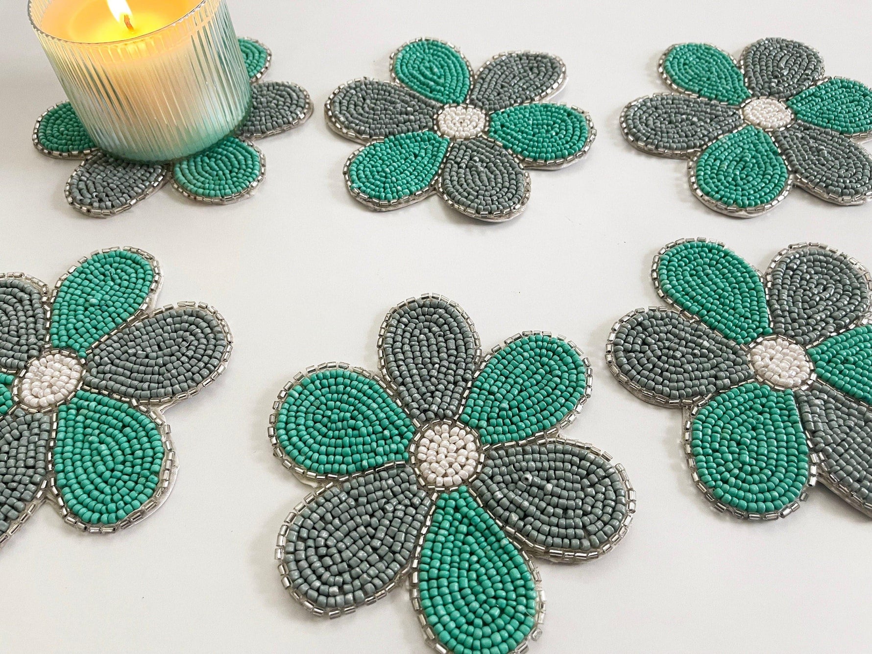 6 Petal Flower Shape Beaded Coaster Set of 6 - Turquoise