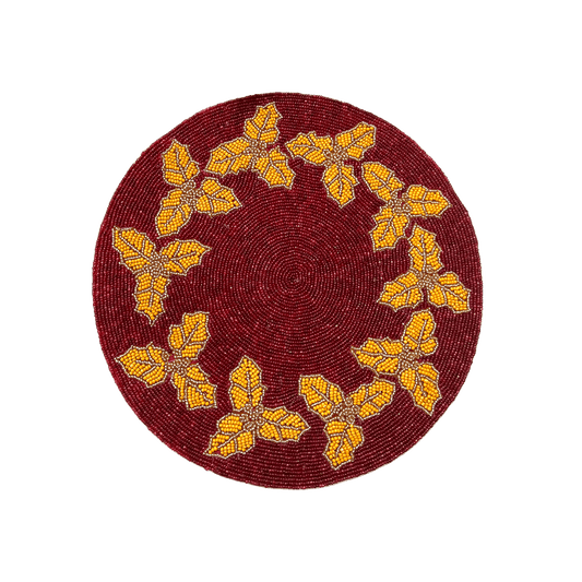 Christmas Holly Berry Round Beaded Placemat - Gold - Set of 6 - MAIA HOMES