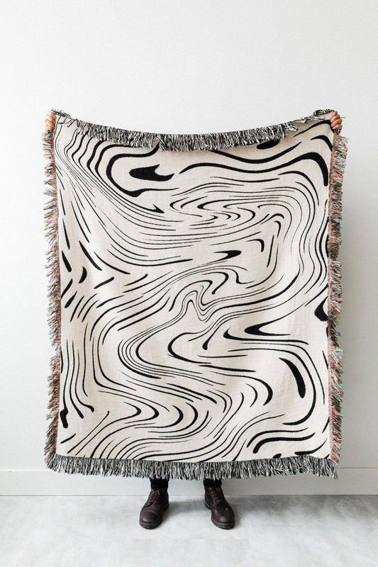 Abstract Black Wave Cotton Throw Blanket