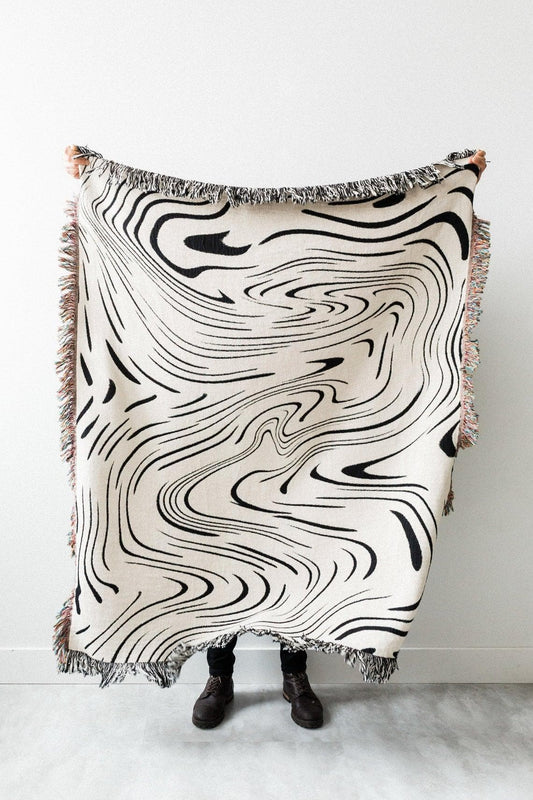 Abstract Black Wave Cotton Throw Blanket