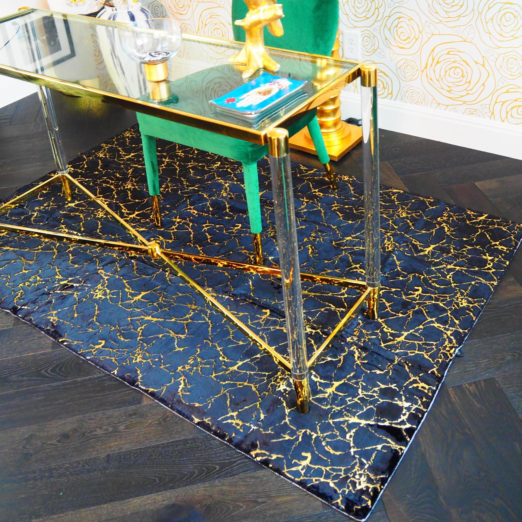 Abstract Gold Gilded Rectangular Accent Area Rug