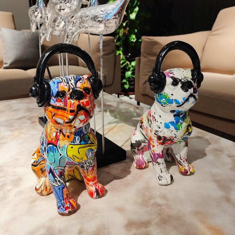 Abstract Painted Bulldog and Headphone Pop Sculpture - MAIA HOMES