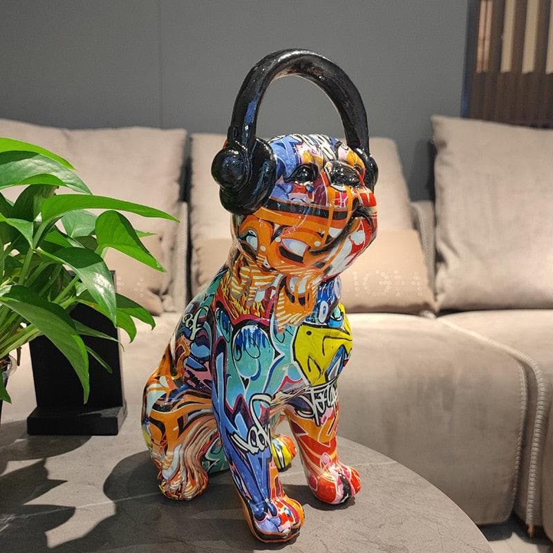 Abstract Painted Bulldog and Headphone Pop Sculpture