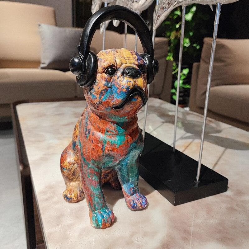 Abstract Painted Bulldog and Headphone Pop Sculpture