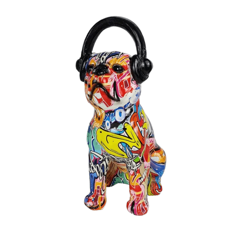 Abstract Painted Bulldog and Headphone Pop Sculpture