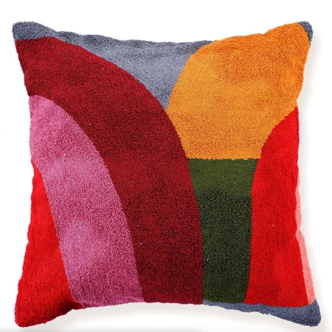 Abstract Rainbow Embroidered Wool Cushion Cover Red