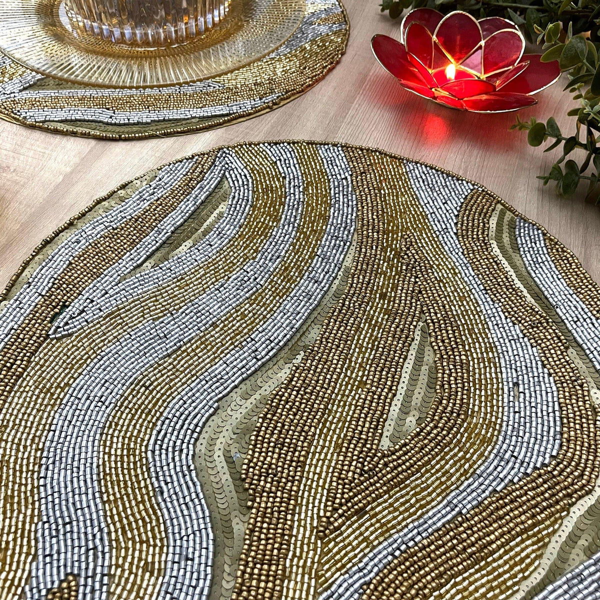 Abstract Sequin and Bead Round Beaded Placemat