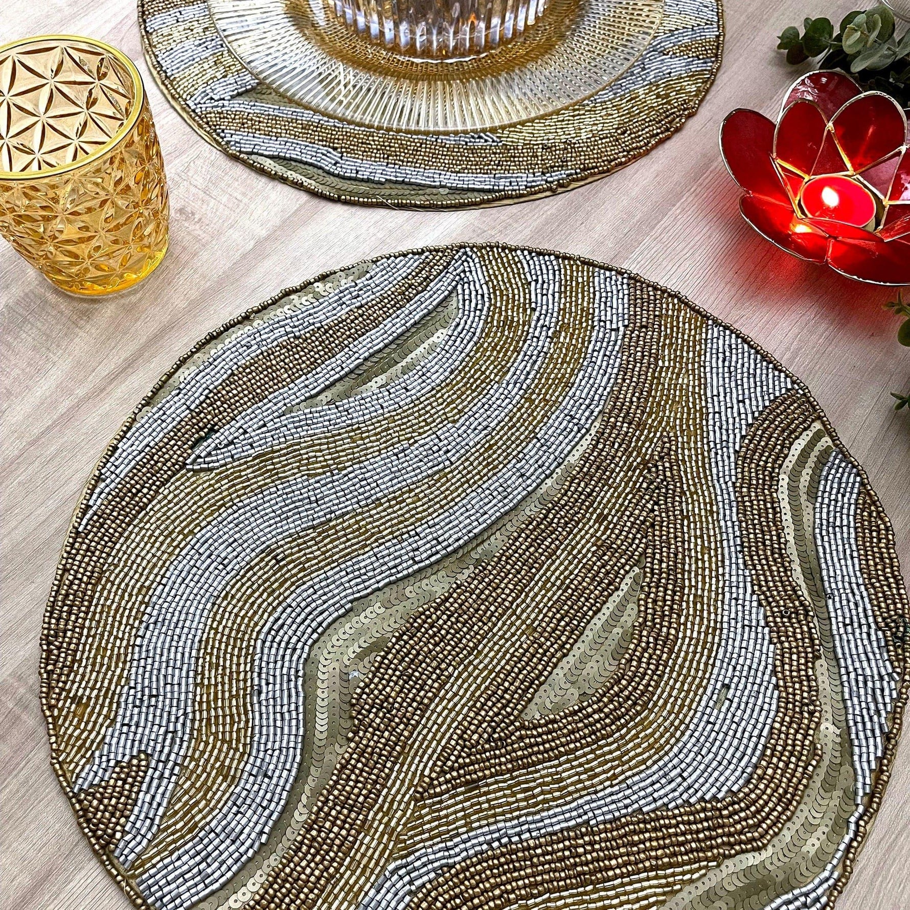 Abstract Sequin and Bead Round Beaded Placemat