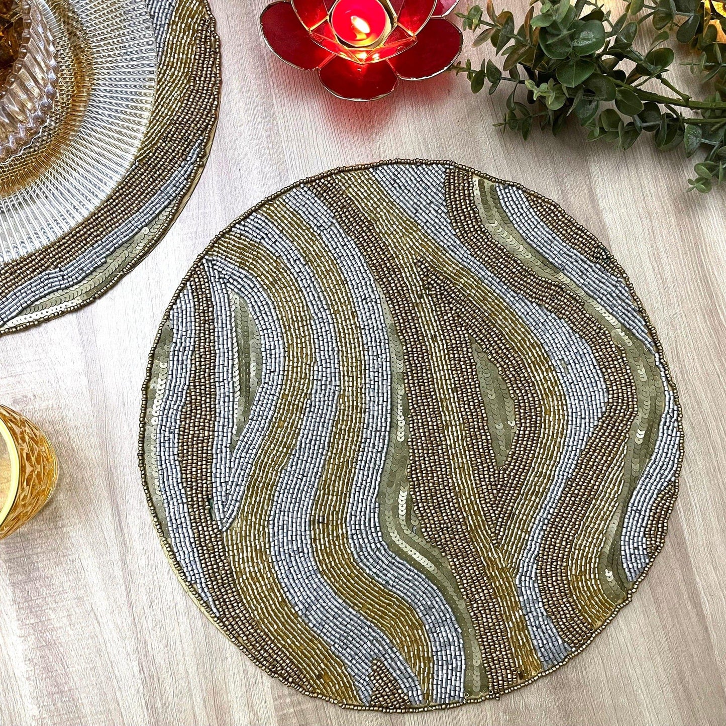 Abstract Sequin and Bead Round Beaded Placemat - MAIA HOMES