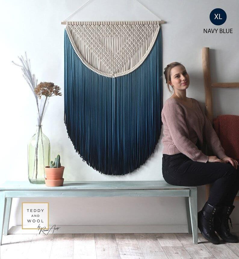 ALEXA Dyed Fiber Art Macrame S: 12" x 16.5" Navy Blue