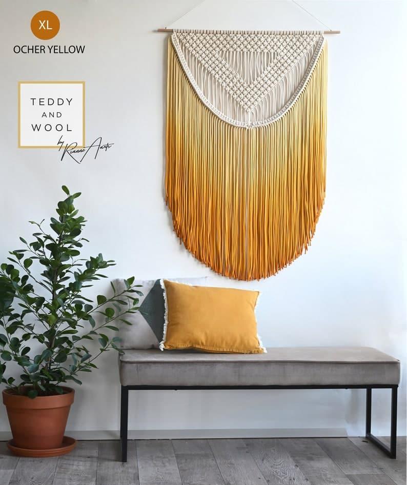 ALEXA Dyed Fiber Art Macrame S: 12" x 16.5" Mustard Yellow