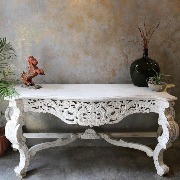 Antique Floral Motif Distressed Hand Carved Wooden Console - MAIA HOMES