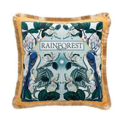 Antique Forest Bird Flora Luxury Velvet Pillow Cover with Tassel Rain Forest Light