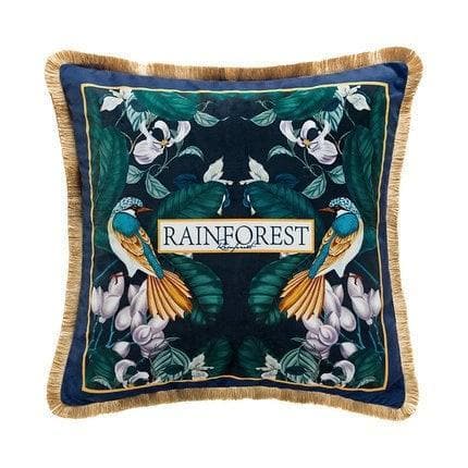 Antique Forest Bird Flora Luxury Velvet Pillow Cover with Tassel Rain Forest Dark