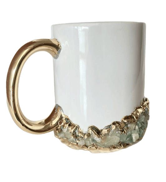 Aqua Agate Accented White Mug with Gold Handle - Set of 2 - MAIA HOMES