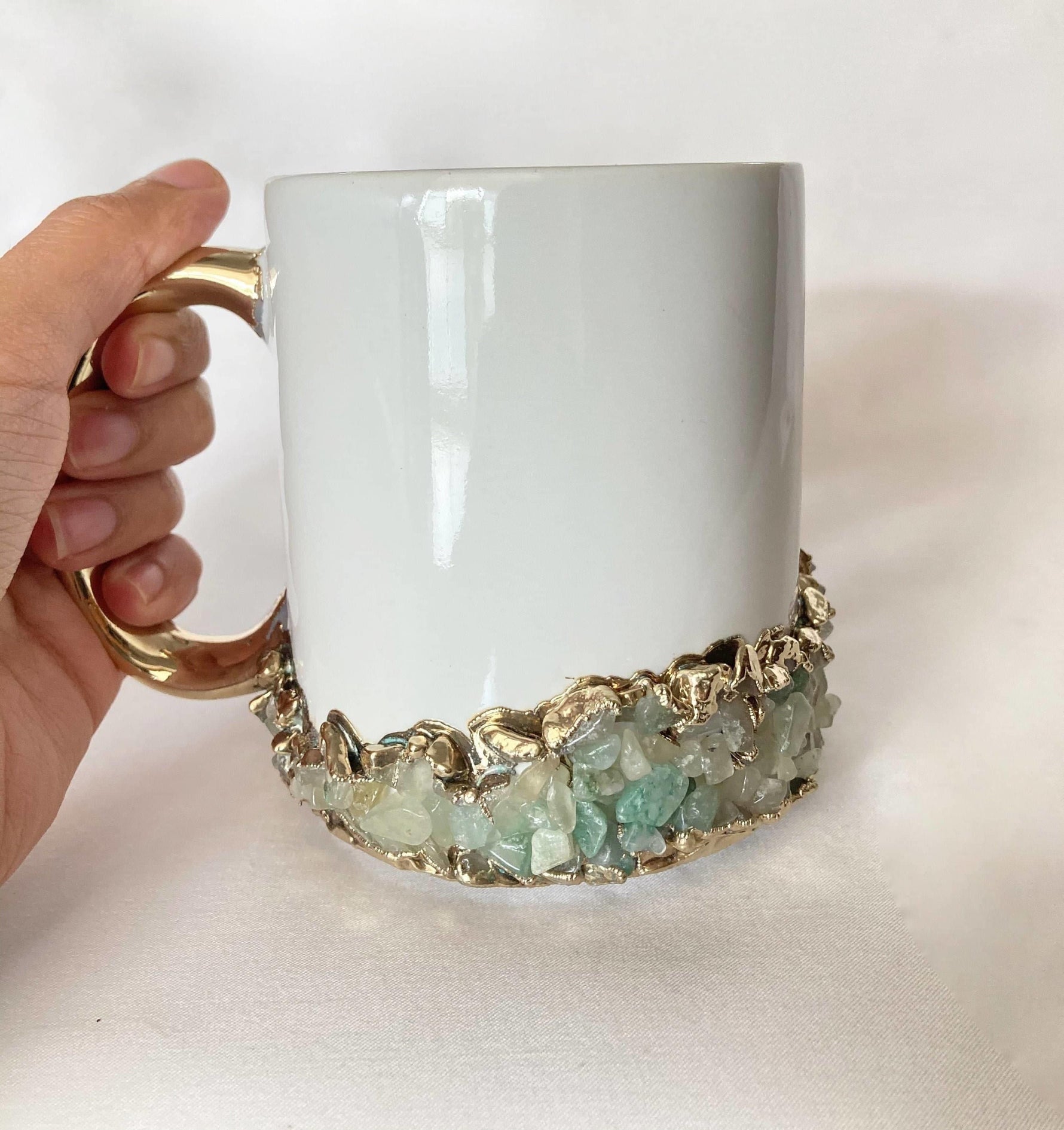 Aqua Agate Accented White Mug with Gold Handle - Set of 2 Rose Gold