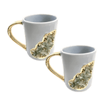 Aqua Quartz Marbled Gray Ceramic Coffee Mug with Gold Handle - Set of 2