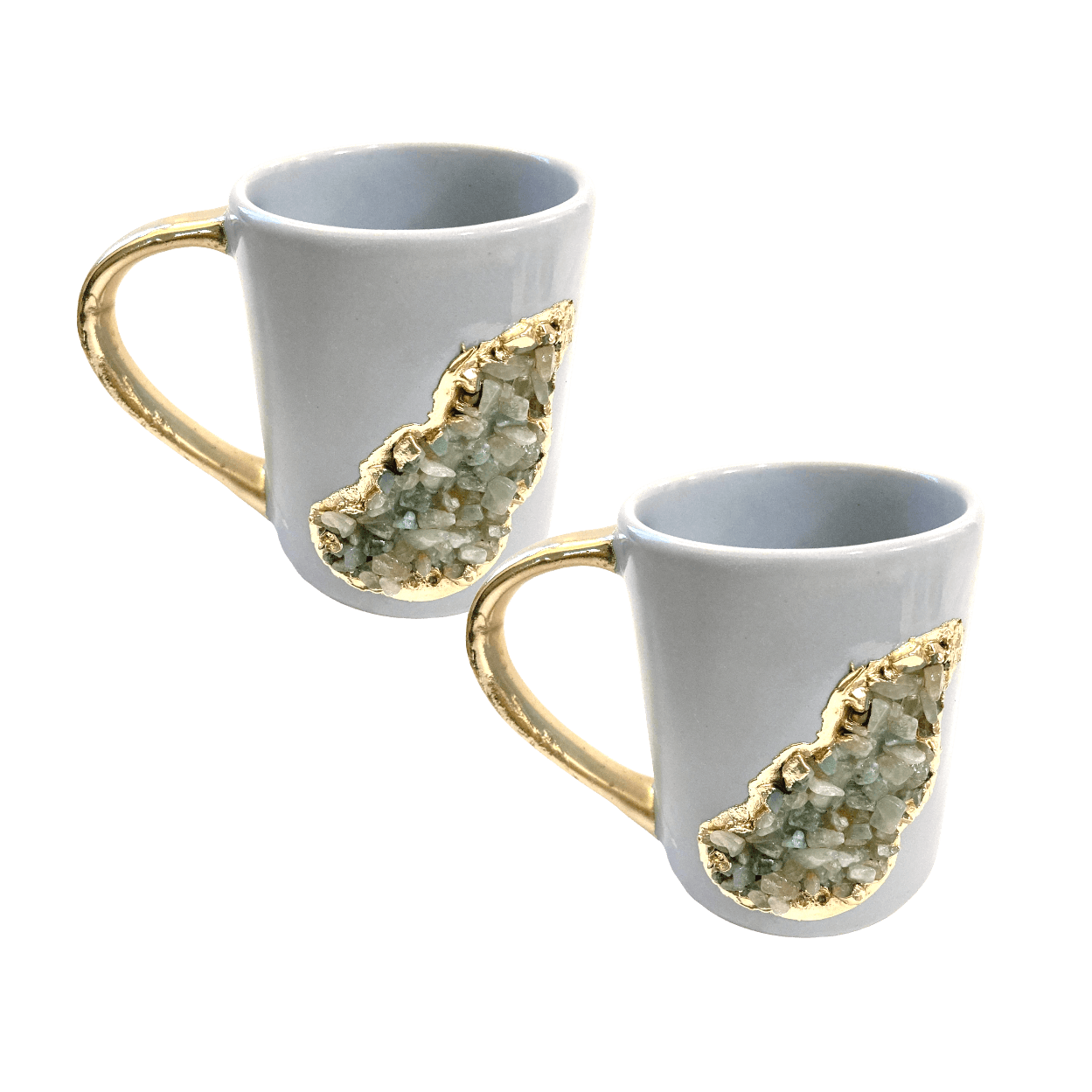 Aqua Quartz Marbled Gray Ceramic Coffee Mug with Gold Handle - Set of 2