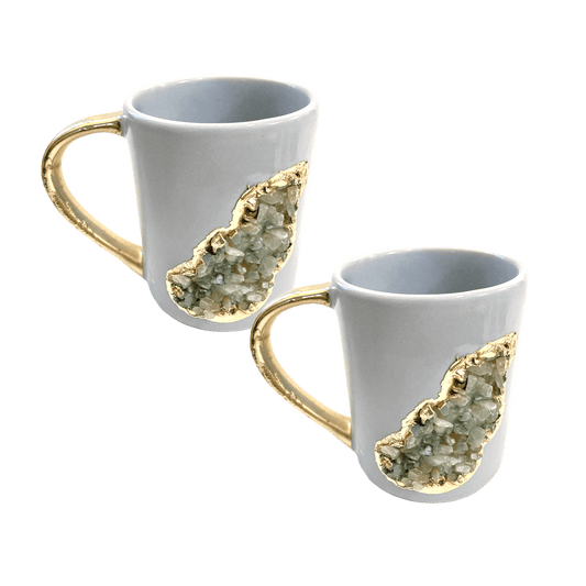 Aqua Quartz Marbled Gray Ceramic Coffee Mug with Gold Handle - Set of 2 - MAIA HOMES