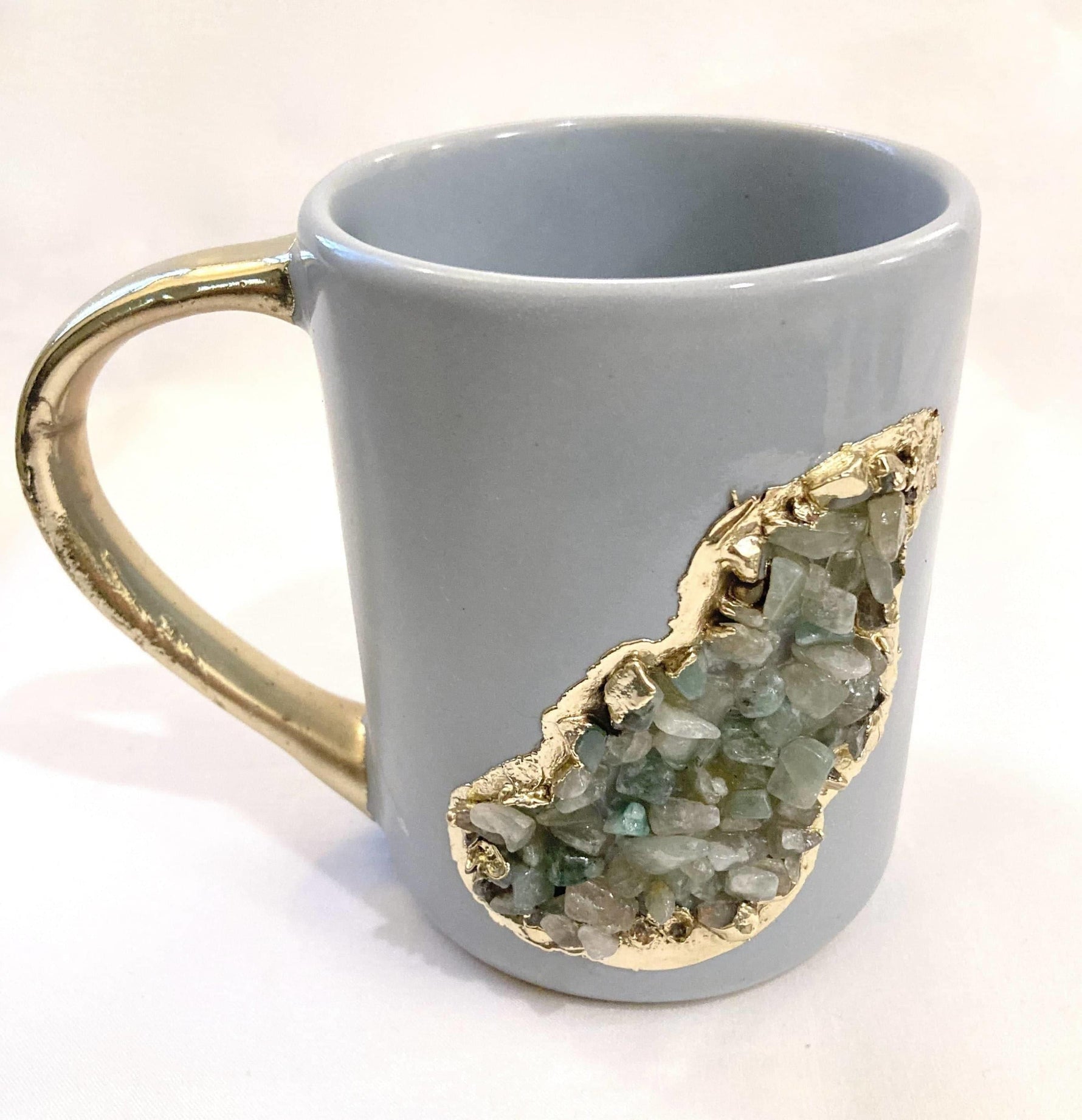 Aqua Quartz Marbled Gray Ceramic Coffee Mug with Gold Handle - Set of 2 Rose Gold