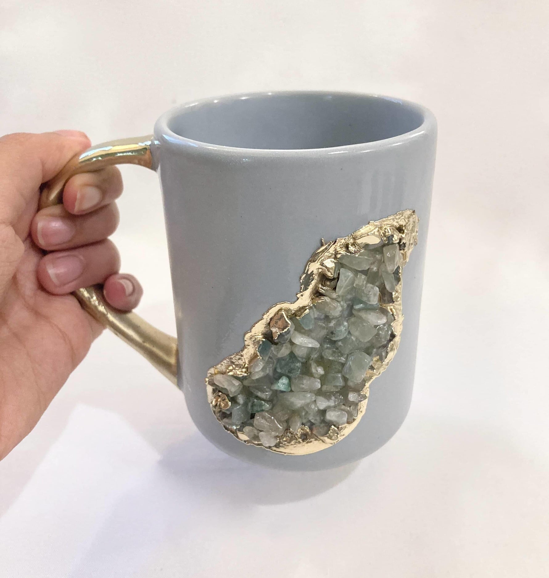 Aqua Quartz Marbled Gray Ceramic Coffee Mug with Gold Handle - Set of 2