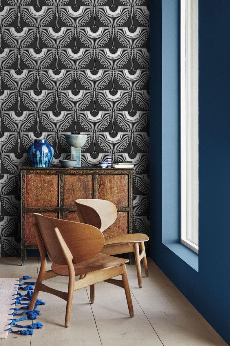 Art Deco Black and White Cranes Wallpaper