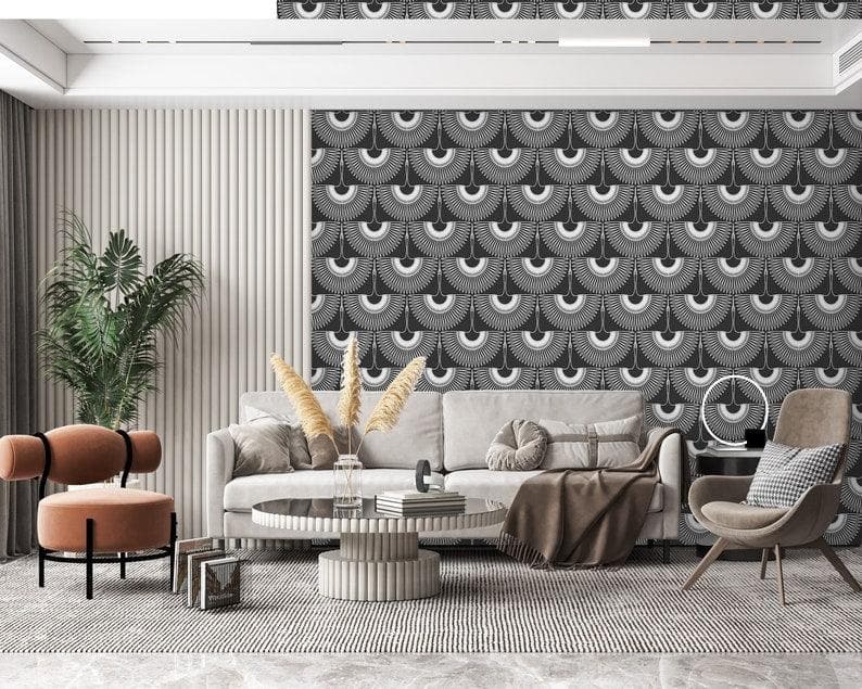 Art Deco Black and White Cranes Wallpaper