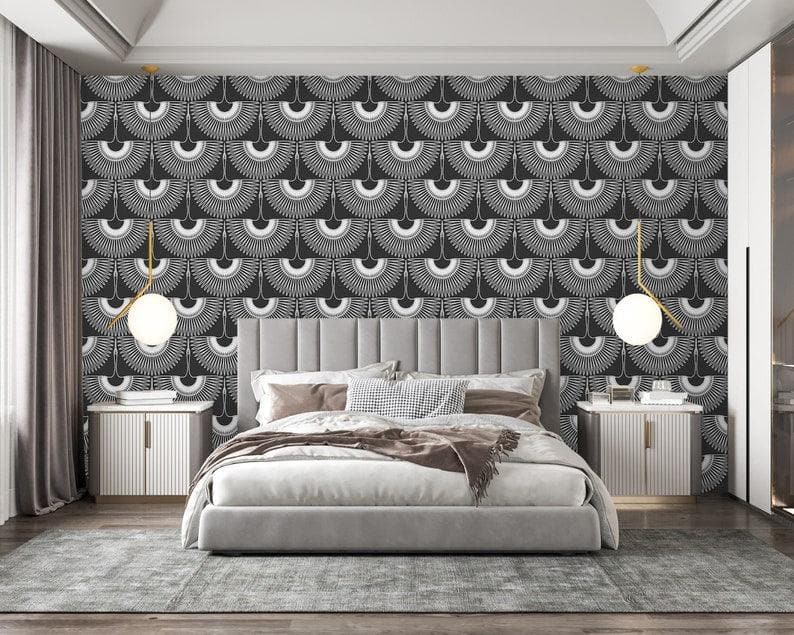 Art Deco Black and White Cranes Wallpaper