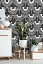 Art Deco Black and White Cranes Wallpaper