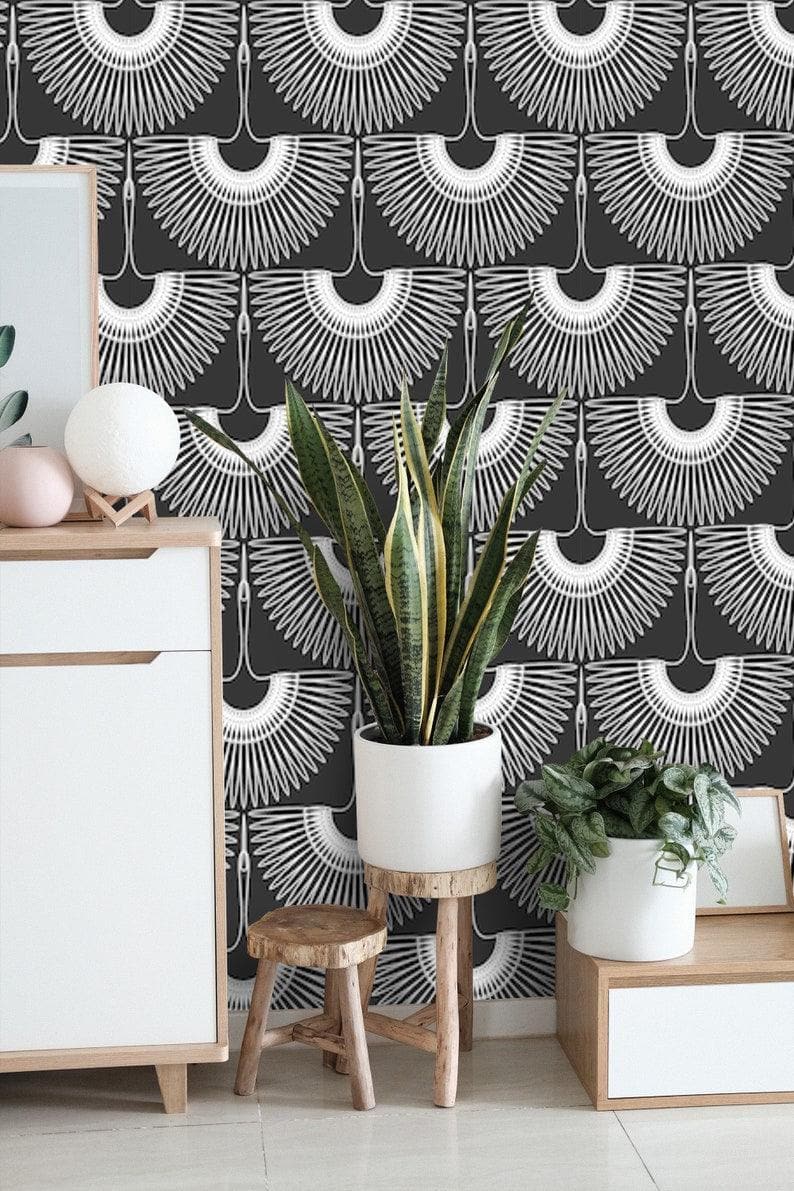 Art Deco Black and White Cranes Wallpaper