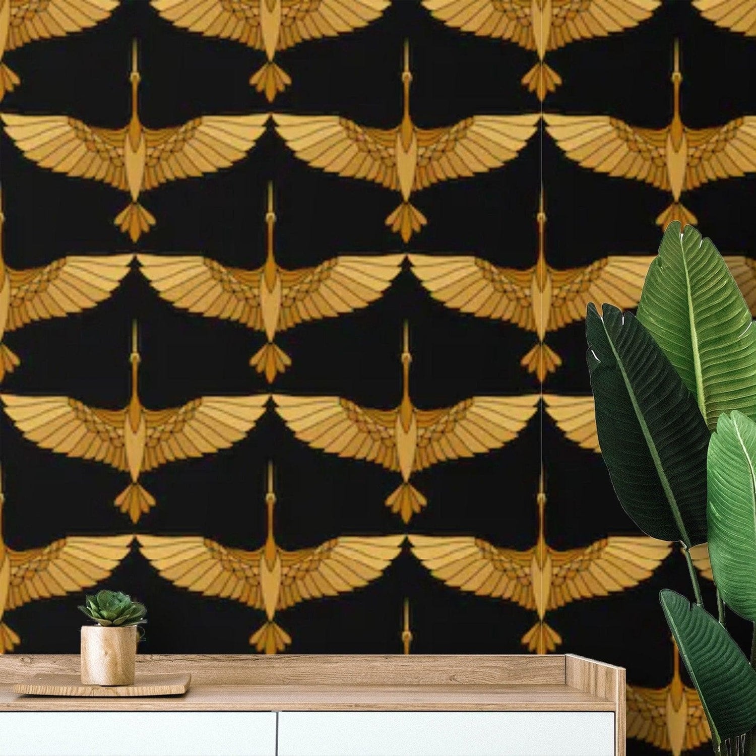 Art Deco Gold Cranes on Black Wallpaper