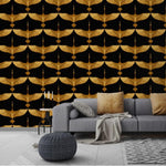 Art Deco Gold Cranes on Black Wallpaper