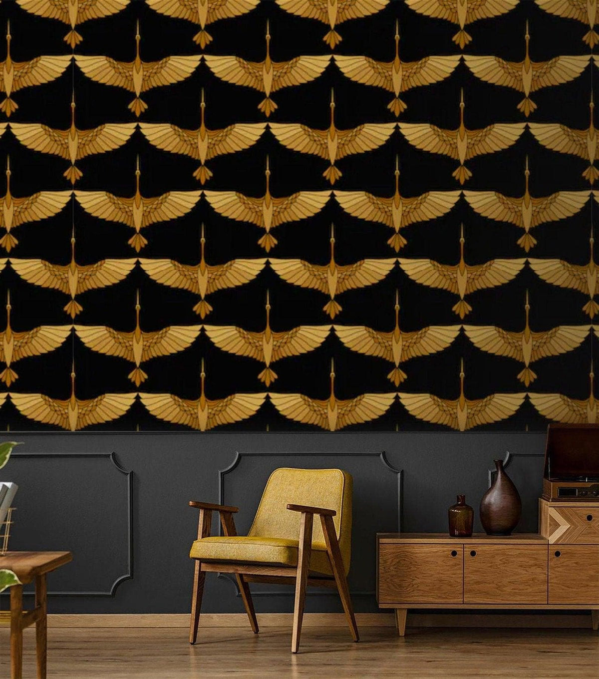 Art Deco Gold Cranes on Black Wallpaper