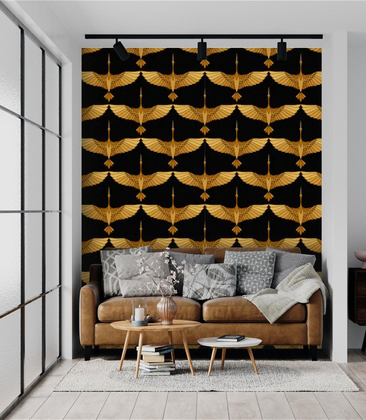 Art Deco Gold Cranes on Black Wallpaper