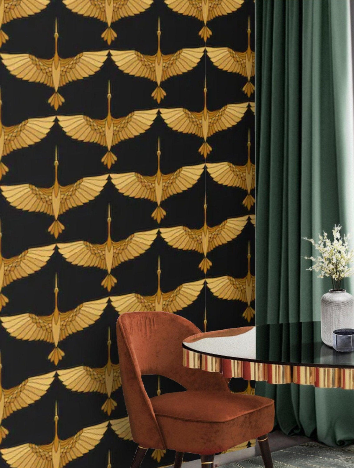 Art Deco Gold Cranes on Black Wallpaper