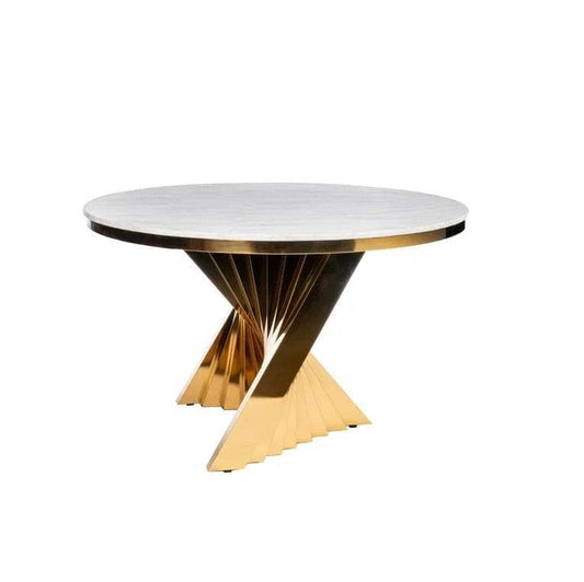 Art Deco Gold Stainless Steel Marble Top Round Dining Table - MAIA HOMES