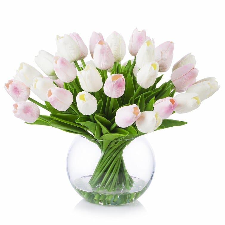 Artificial Tulip Floral Arrangement in Glass Vase