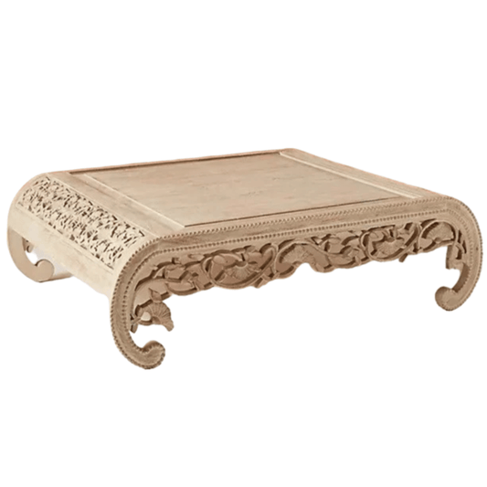 Asian Inspired Floral Hand Carved Wooden Coffee Table - MAIA HOMES