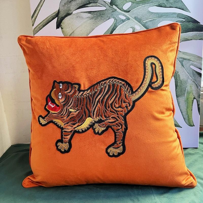 Asian Tiger Orange Velvet Throw Pillow Cover