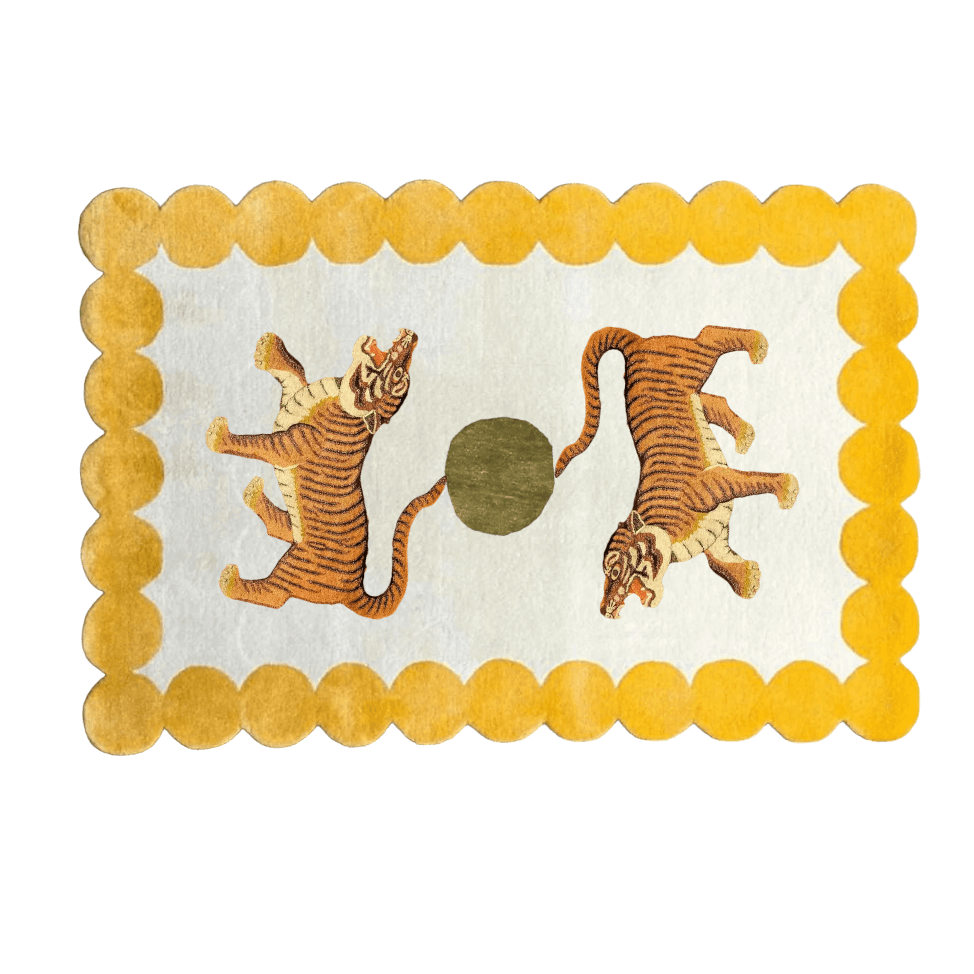 Asian Tigers and the Sun Hand on Yellow and Beige Tufted Wool Rug - MAIA HOMES