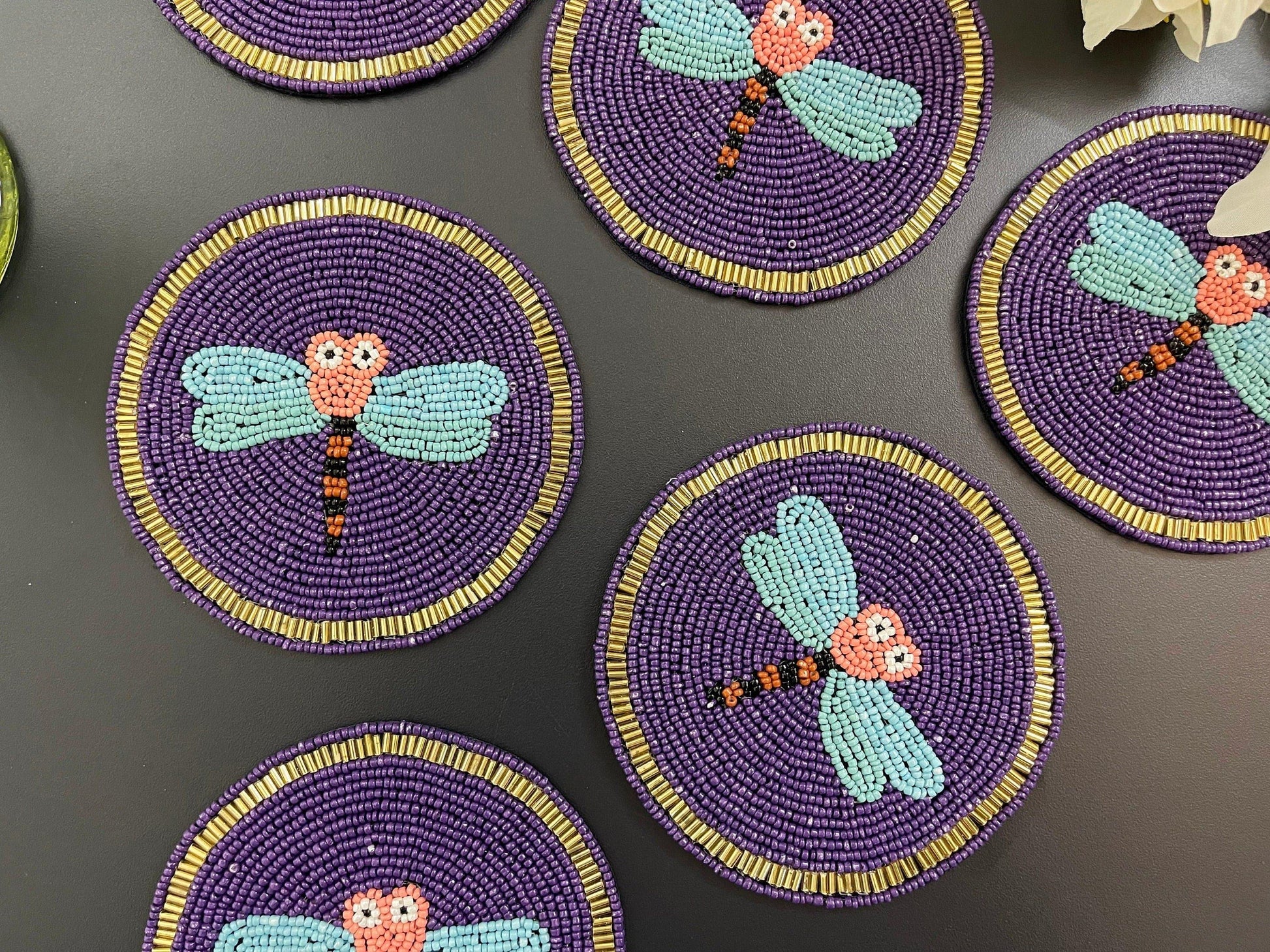 Baby Dragonfly Beaded Drink Coaster set of 6 Set of 6, Dragonfly