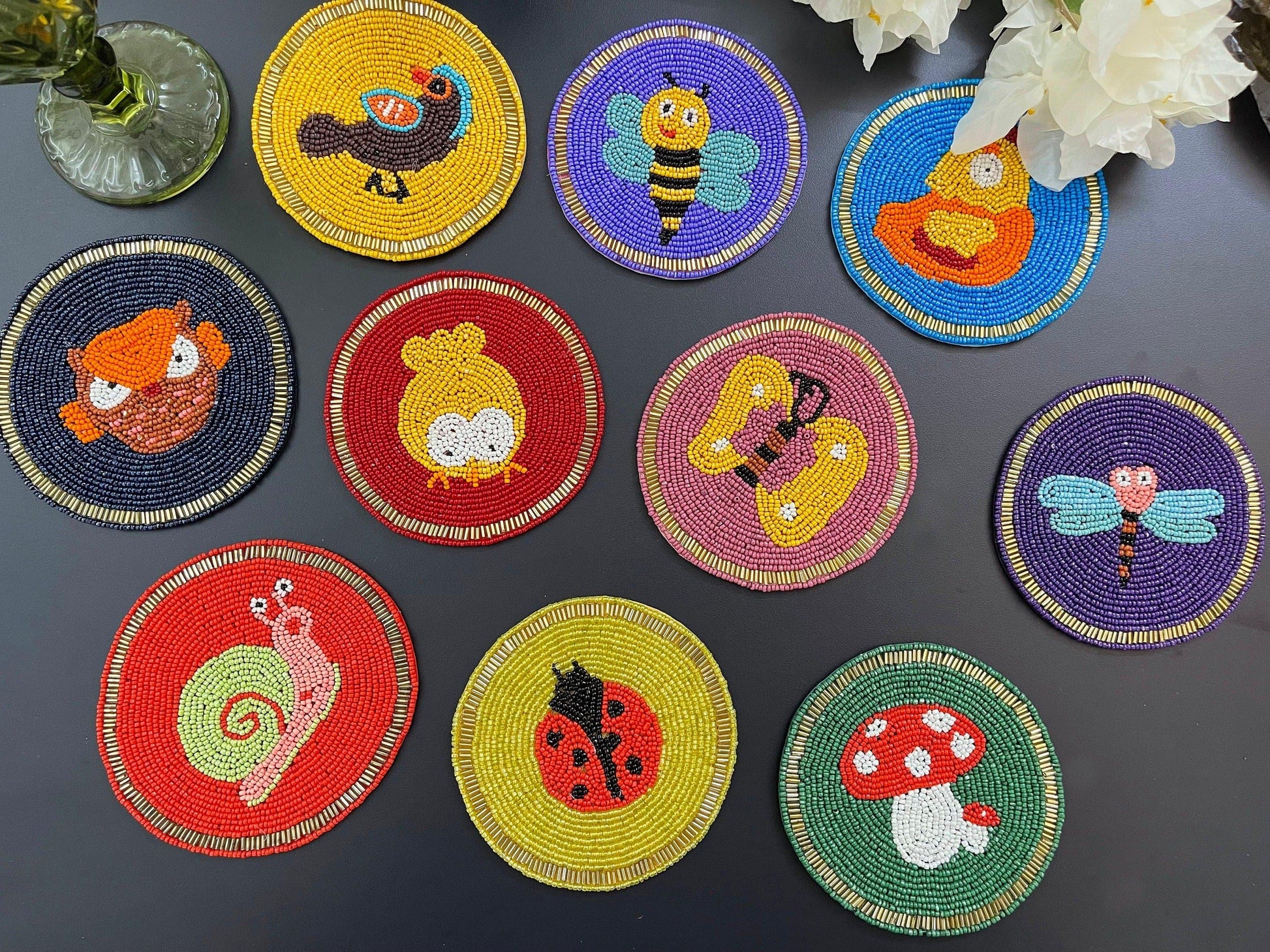 Baby Dragonfly Beaded Drink Coaster set of 6 - MAIA HOMES