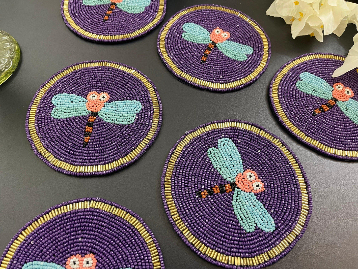 Baby Dragonfly Beaded Drink Coaster set of 6 - MAIA HOMES