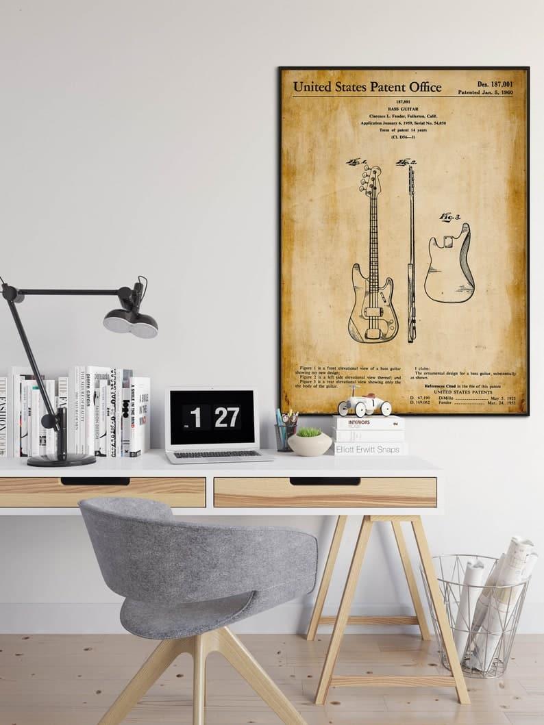 Bass Guitar Patent Print| Framed Art Print